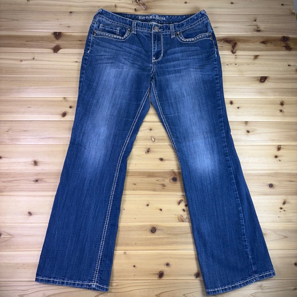 Rhythm in Blues Jeans Womens 12 Bootcut Mid Rise Flap Pocket Thick Stitch Denim
